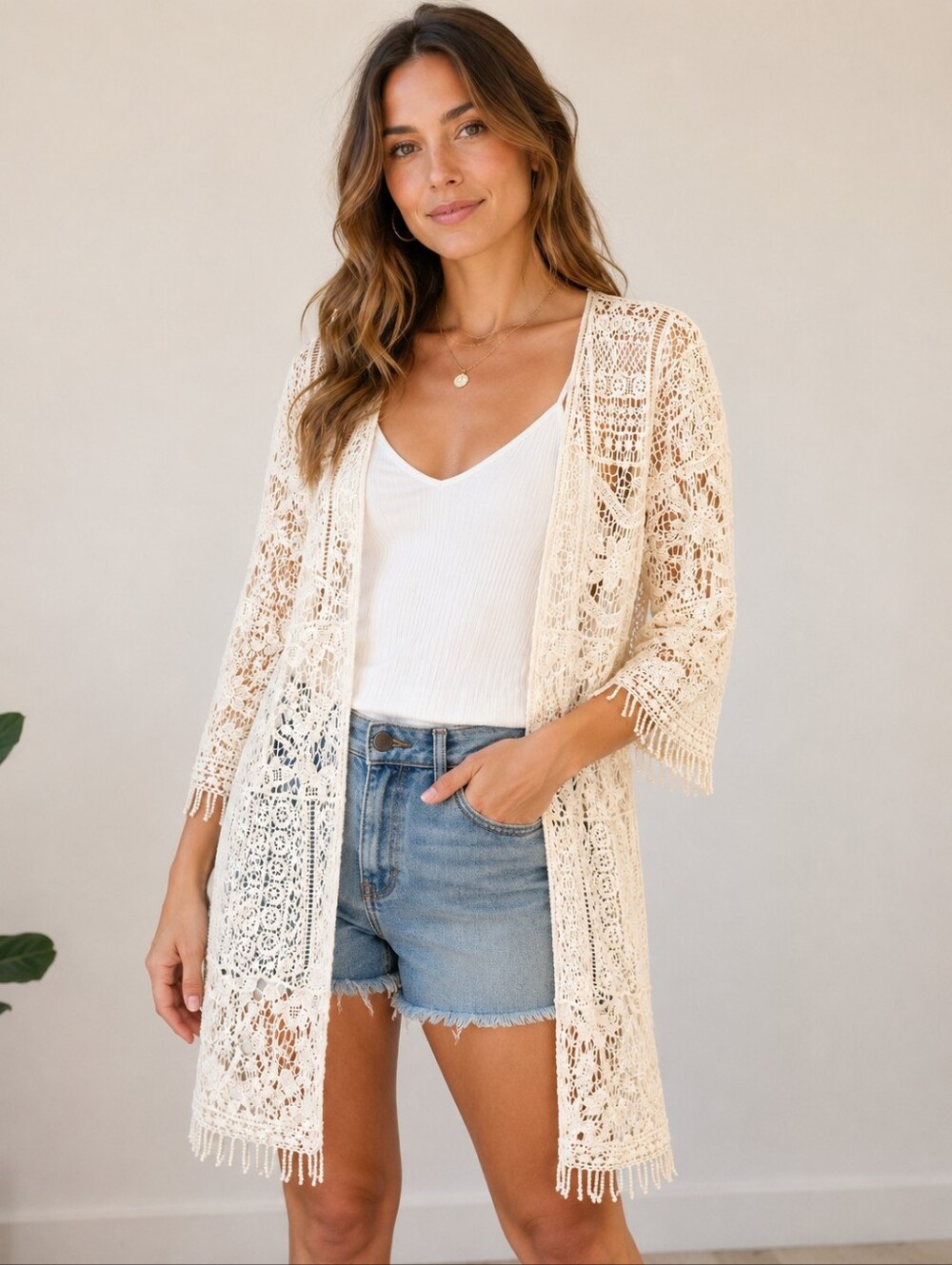 Guess Los Angeles White Lace Crochet Kimono Cardigan Cover Up XS/S